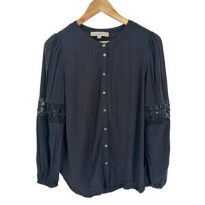 Loft‎ Petites Women's Black Lace Long Sleeves Button Down Shirt MP Basic Casual